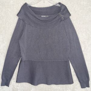 Cato Gray Sweater Top Size L Fold Over Neck Long Sleeve Metallic Silver Buttons